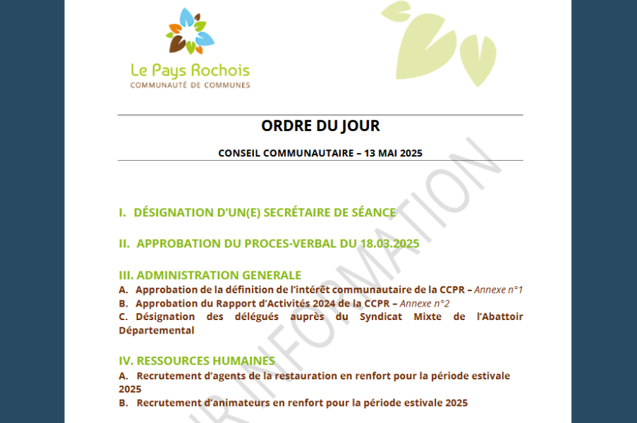 ORDRE DU JOUR DU CONSEIL COMMUNAUTAIRE